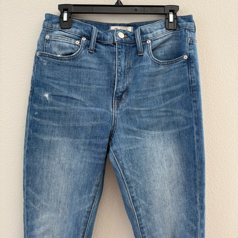 Madewell High Rise Slim Boy Distressed at Knees Raw Hem Blue Jeans 27 - Picture 3 of 7